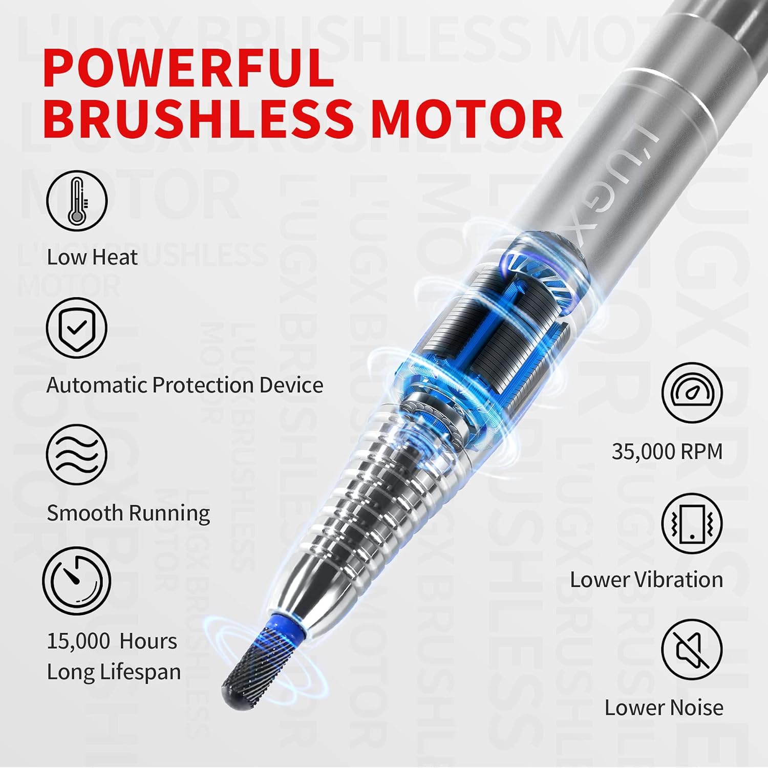LUGX Brushless E-File/Nail Drill with handpiece stand & premium LUGX drill bit
