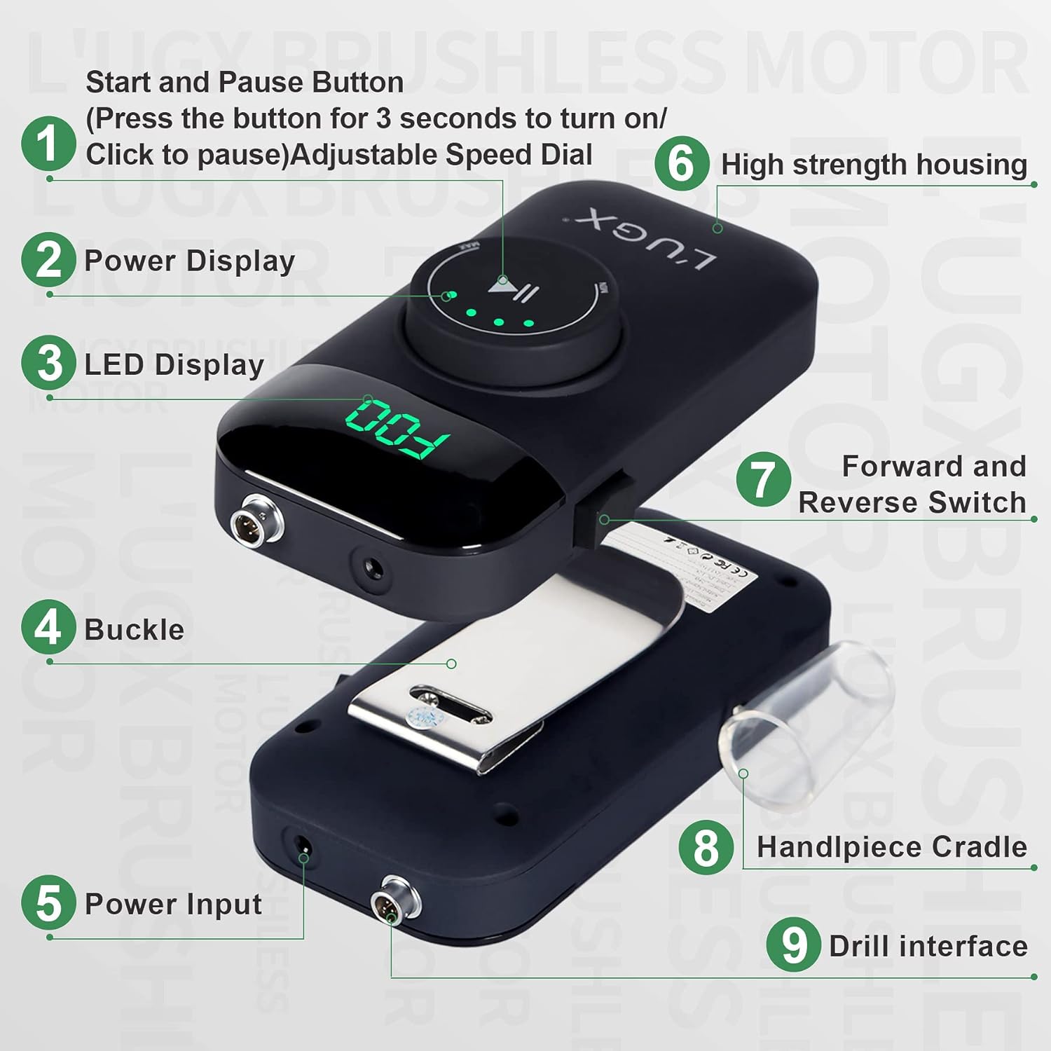 LUGX Brushless E-File/Nail Drill with handpiece stand & premium LUGX drill bit