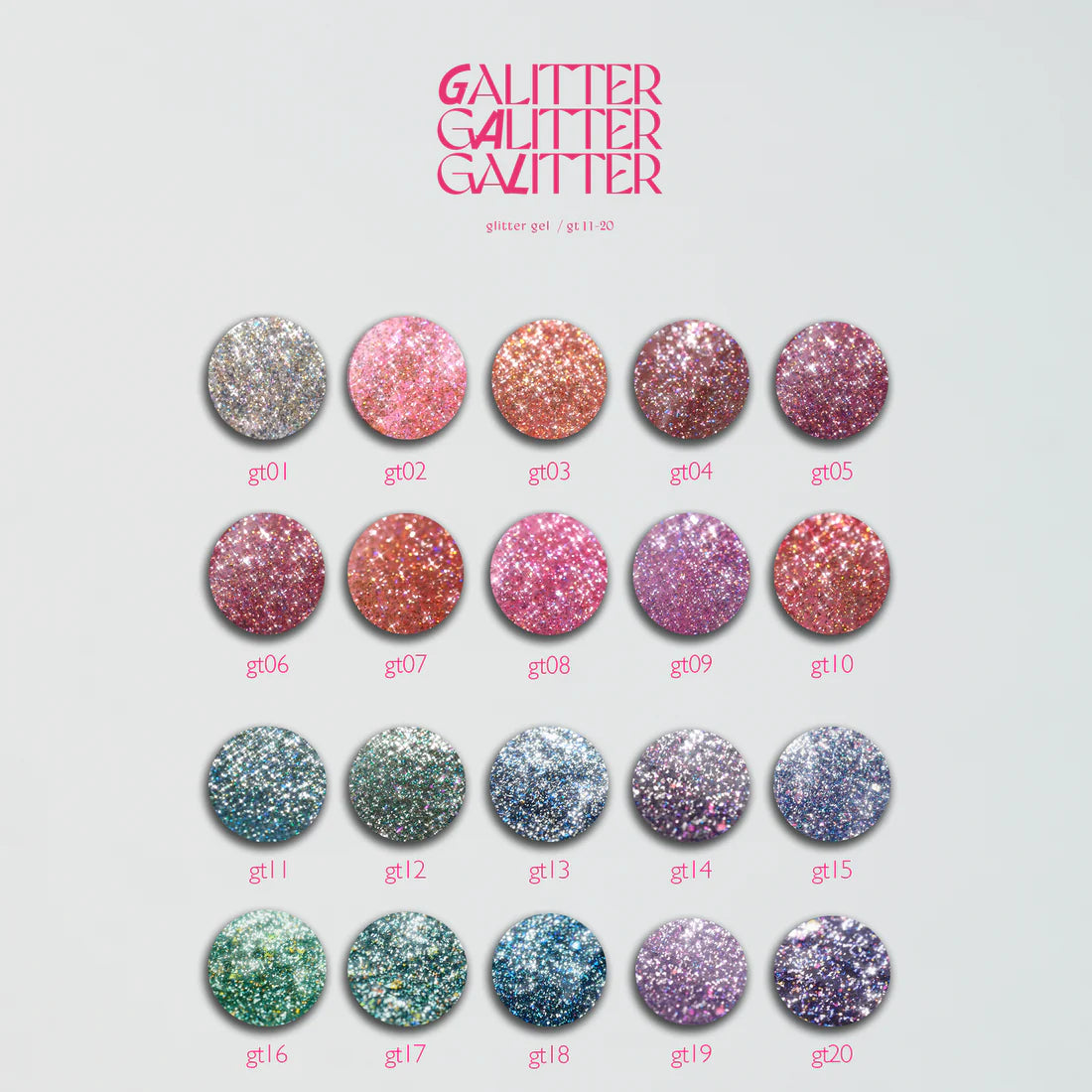 énoi 'galitter' Glitter Gel Collection - full 20pc set/10pc sets/individual pots (gt01-gt20)